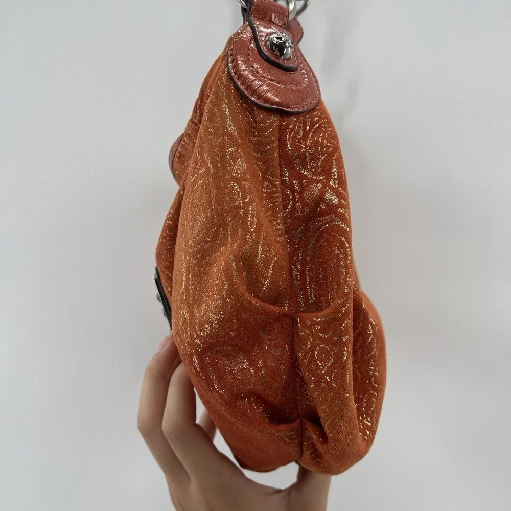 Kathy Van Zeeland Y2K Crown Print Hobo Bag Chain Link MCBling Logo Faux Suede